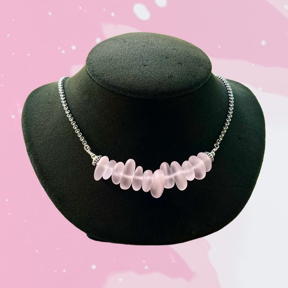 Frosted pink crystal quartz gemstones chips bar choker necklace boho stones - Picture 7 of 11